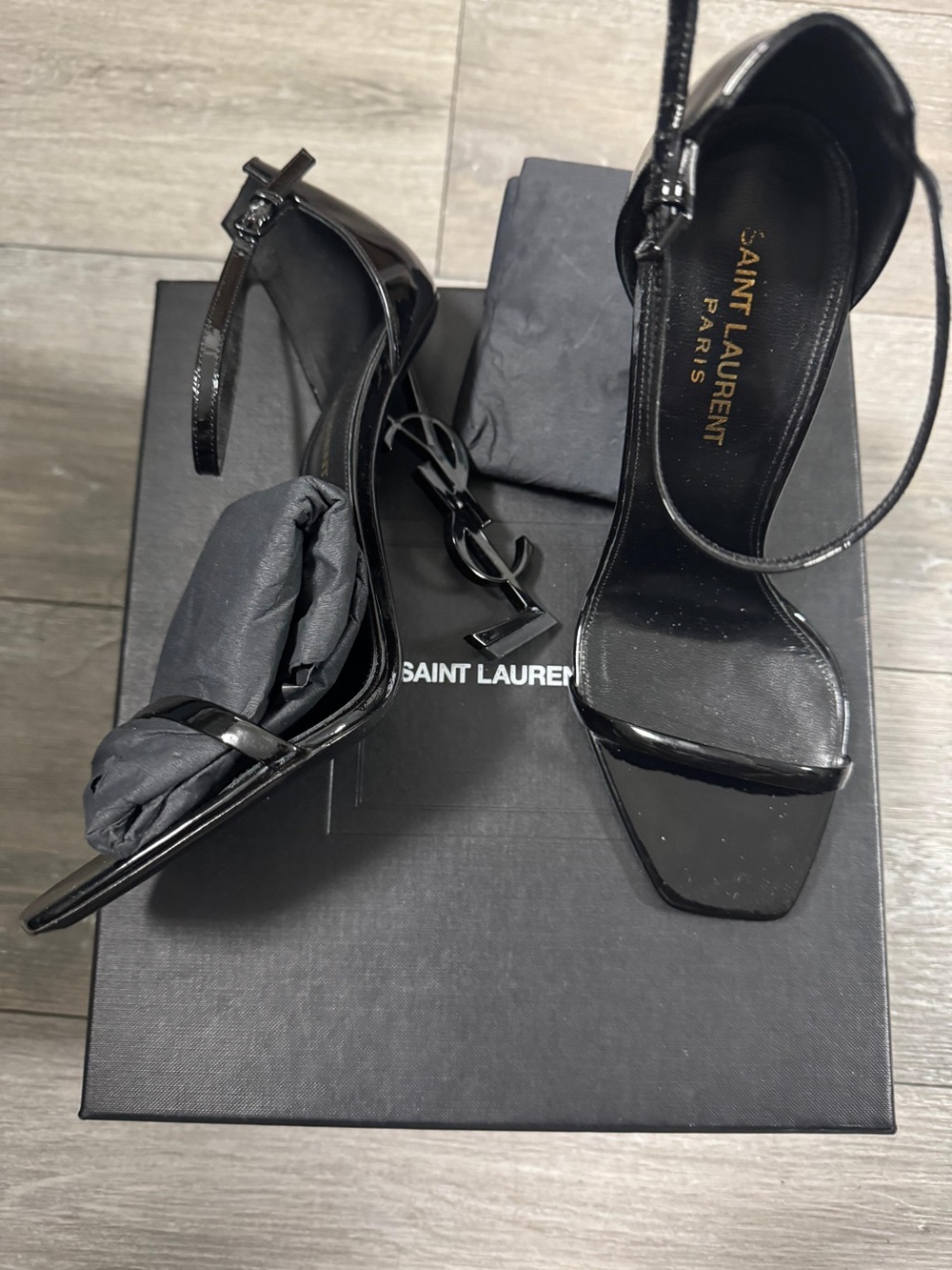 Saint Laurent Black Patent Leather Square-Toe Ankle-Strap Heels
